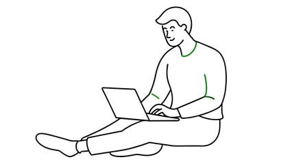 Person sits on floor with their legs outstretched and engrossed in using a laptop on their lap.They have a relaxed demeanor that suggests they are comfortable working in this informal environment.AI