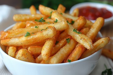 White Bowl Filled With French Fries on Table