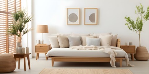 Fototapeta premium Contemporary boho bedroom with white walls plants bed pillows modern interior. Concept Contemporary Interior Design, Bohemian Decor, Modern Bedroom, Stylish Home Decor, White Walls