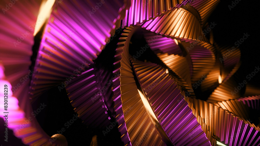 Poster animation of moving metal lines in twisted spiral. design. 3d spiral randomly twisting from metal li