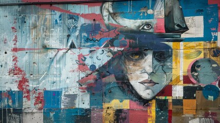 Fototapeta premium Detailed mural combining modern and historical elements, close up, visual harmony, whimsical, Fusion, urban street backdrop
