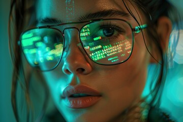 A close-up of a stoic, futuristic woman with transparent elements in her attire, neon accents, and a digital glitch effect with binary code