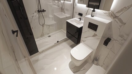 Modern bathroom interior with marble walls and flooring