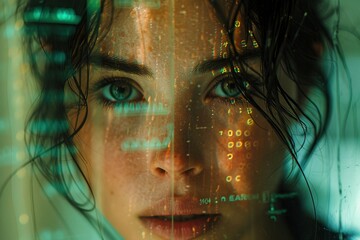 A close-up of a stoic, futuristic woman with transparent elements in her attire, neon accents, and a digital glitch effect with binary code