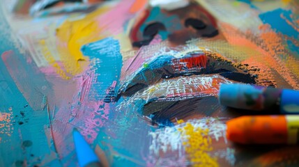 Fototapeta premium Chalk pastels blending together on paper, close up, vivid transitions, ethereal, Double exposure, sketchpad backdrop