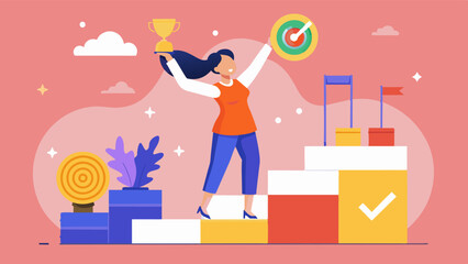 A woman setting realistic goals for herself and celebrating every milestone she achieves.. Vector illustration