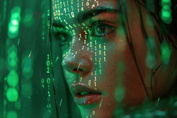 A close-up of a stoic, futuristic woman with transparent elements in her attire, neon accents, and a digital glitch effect with binary code