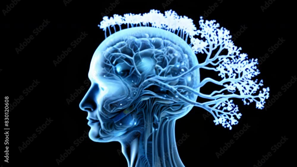 Poster AI robot's head containing a computer chip.