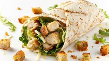Chicken Caesar wrap with scattered croutons, selective focus, garnish detail, dynamic, Blend mode, white background backdrop