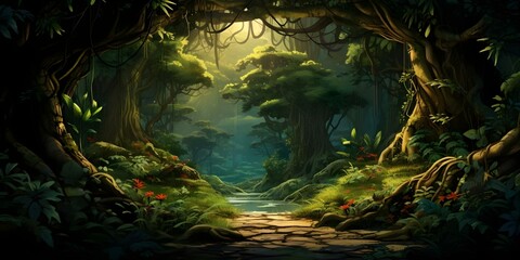 Enchanting digital painting background of a beautiful lush forest with big trees. Concept Forest Scenery, Digital Painting, Enchanting Background, Big Trees, Lush Environment