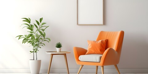 Minimalist interior with mockup picture frame wall orange armchair small table. Concept Mockup Design, Minimalist Interior, Picture Frame Wall, Orange Armchair, Small Table