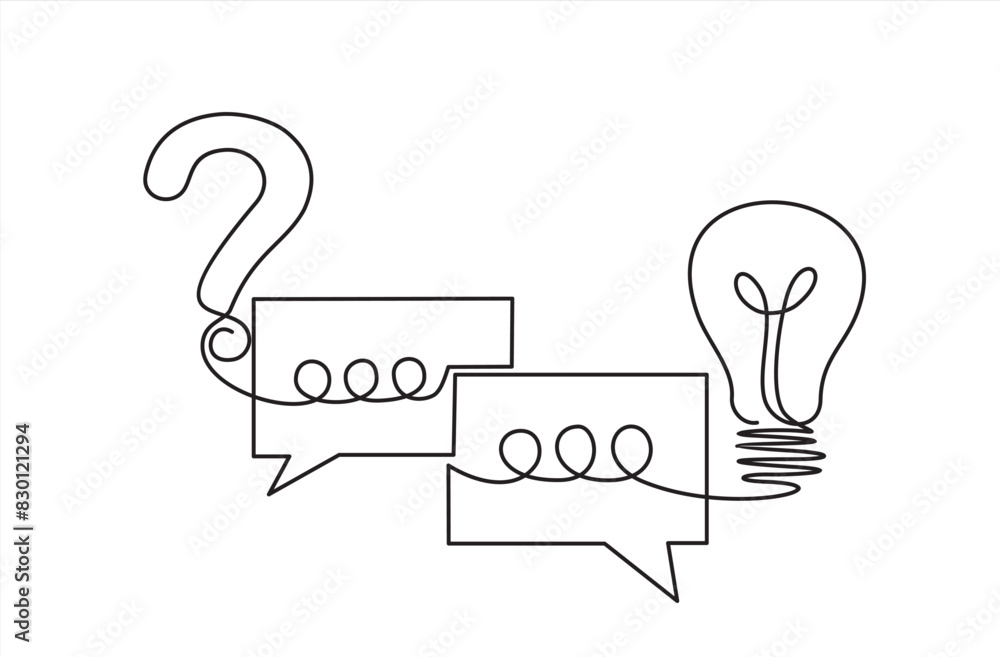Aufkleber quick tips. continuous one line drawing of question mark, light bulb and speech bubbles. trendy line