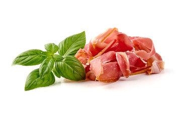 Italian prosciutto crudo or spanish jamon. Jerked meat, isolated on white background. High...