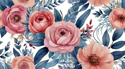 repeating pattern of pink and coral roses with blue and green leaves on a white background.