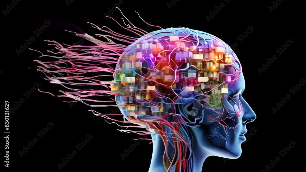 Poster AI robot's head containing a computer chip.