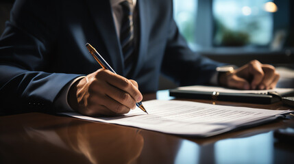 A person in a suit is seen signing a document while seated at a desk.  