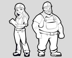 The vector image shows a construction worker and an engineer in overalls drawing with black lines on a white background. Suitable for projects related to construction, architecture and engineering.