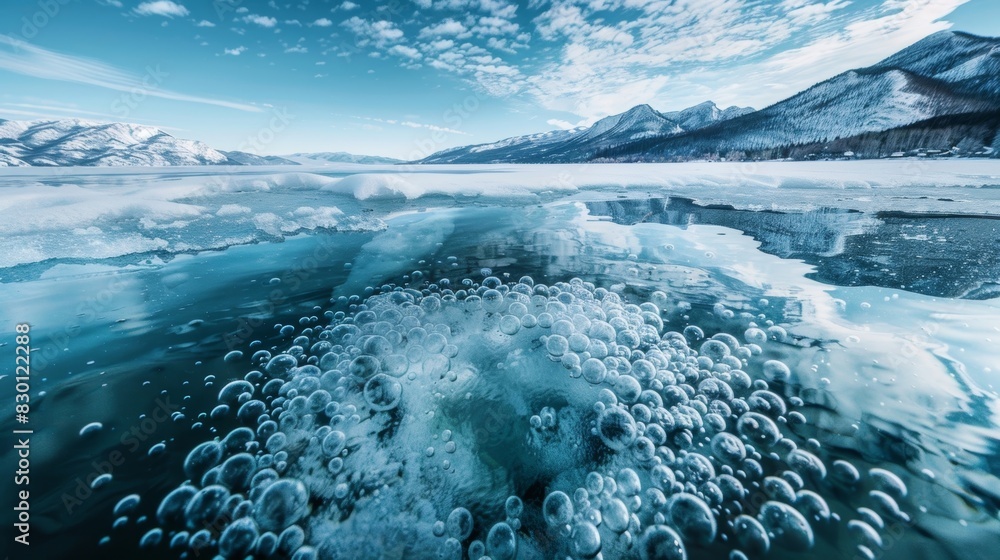 Poster a frozen explosion of bubbles locked in an otherworldly display within the depths of a wintry lake.