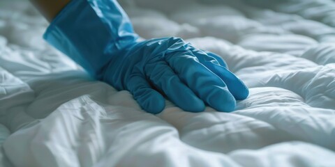 Fototapeta premium A person wearing blue gloves is laying on a white bed