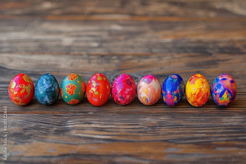 Poster a row of colorful painted eggs are lined up on a wooden surface. the eggs are of various sizes and c