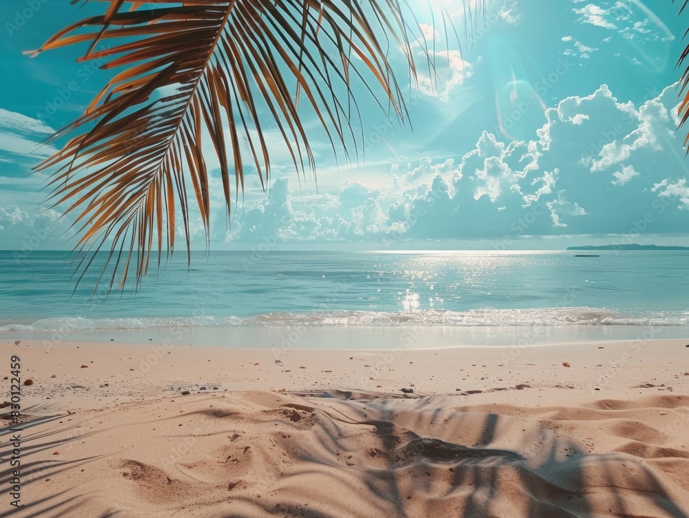 Poster a palm tree is on the beach with the ocean in the background. the sky is blue and the sun is shining