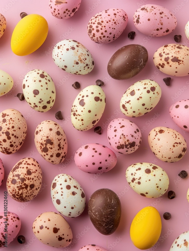 Aufkleber a close up of a bunch of chocolate eggs with chocolate chips on top. the eggs are of different color