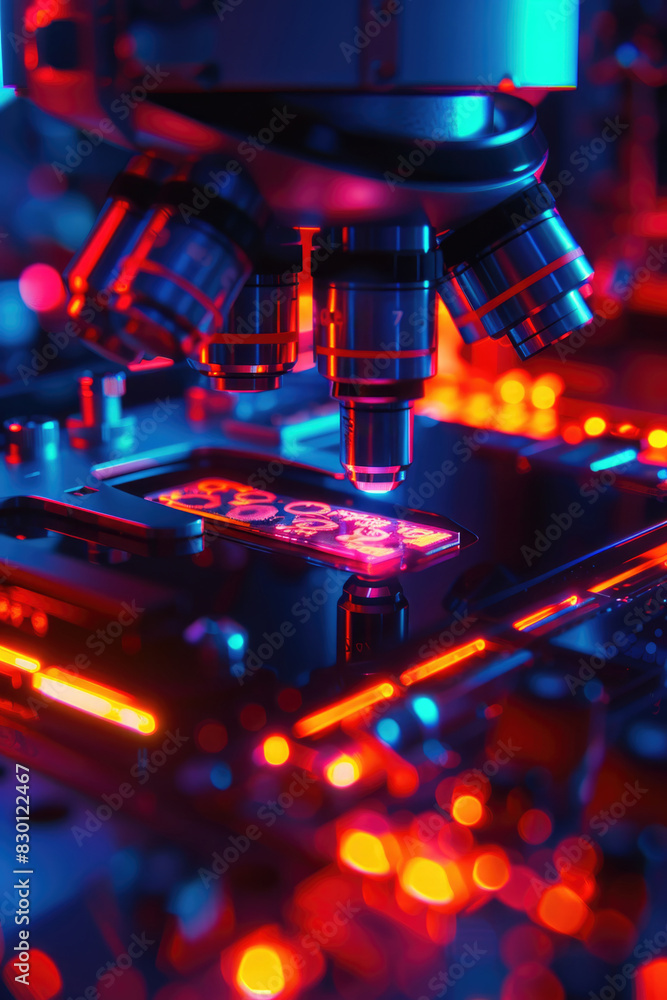 Poster a computer chip is being examined under a microscope. the image has a futuristic and technological f