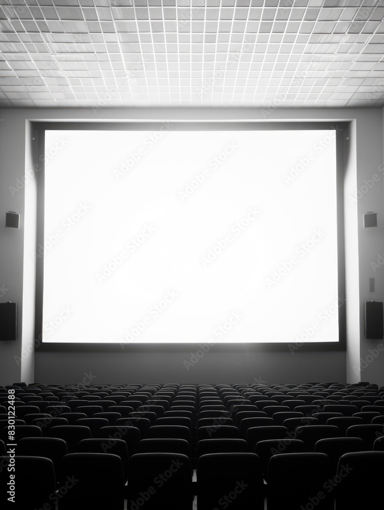 Poster a movie theater with a large screen and empty seats. the empty seats give the impression of a movie 