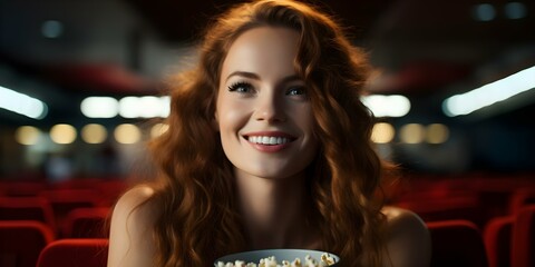 Redhead girl with a bucket of popcorn at the movie theater. Concept Portrait Photography, Movie Theater Theme, Redhead Model, Popcorn Bucket, Cinematic Poses
