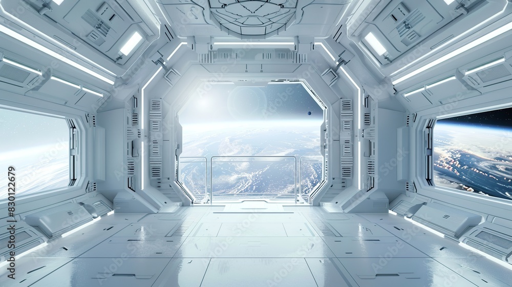 Wall mural futuristic white space station interior with window view on space and planets 3d rendering