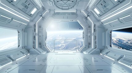 futuristic white space station interior with window view on space and planets 3d rendering