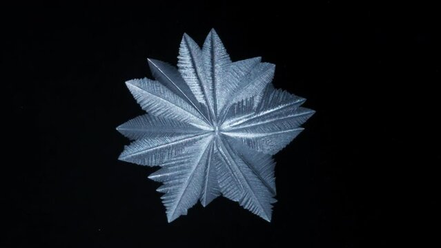 Freezing pattern of a snowflake forming on a soap bubble on black background. Christmas holidays background.