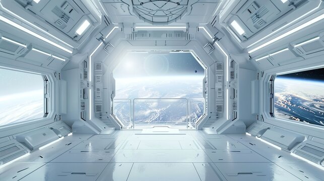 futuristic white space station interior with window view on space and planets 3d rendering