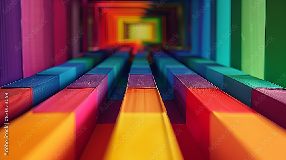 Poster a colorful room with a rainbow stripe. the room is full of different colored walls and the colors ar