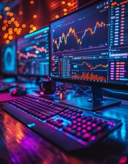 Stock market graph on background with desk and personal computer. Currency exchange rate. Night office of a company of traders with monitors with graphs and charts