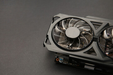 One graphics card on black background, closeup. Space for text