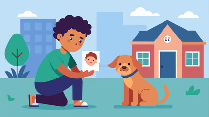 A post on social media about a lost pet being reunited with its owner thanks to the help of the neighborhood watch members keeping an eye out.. Vector illustration