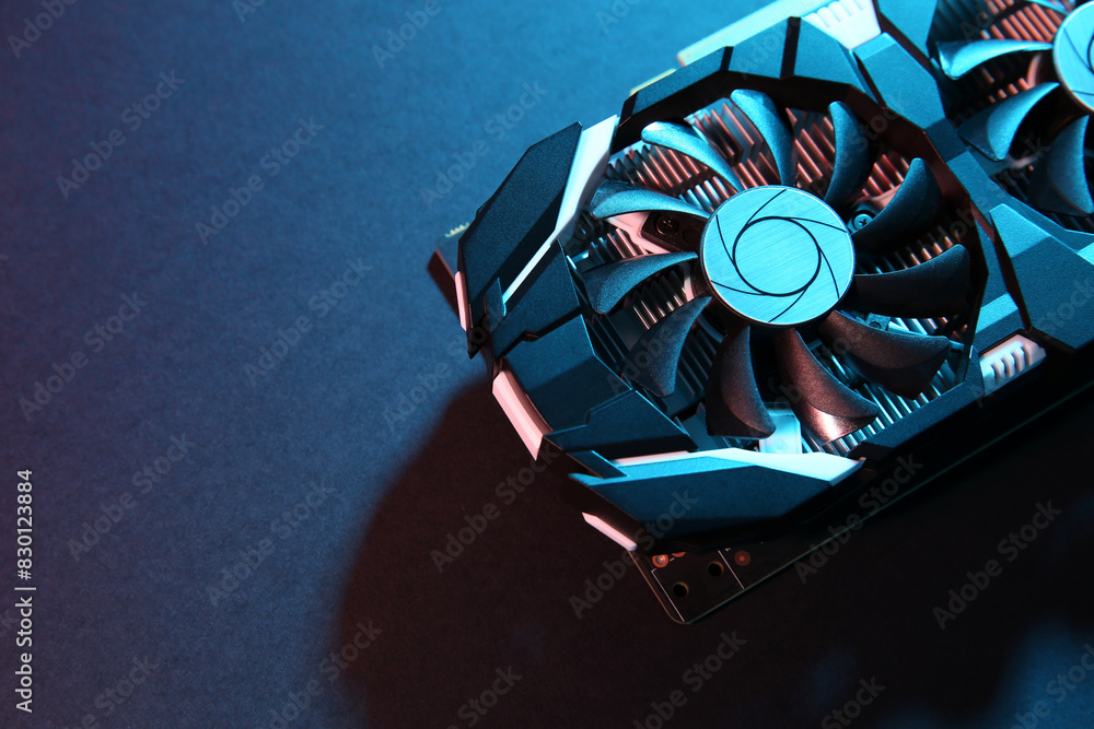 Poster computer graphics card on color background, top view. space for text