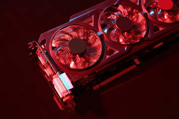 Computer graphics card on color background, closeup