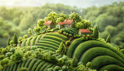 Create a realistic 3D landscape image of rolling green hills with a small village on top