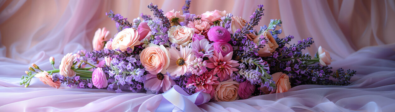 A beautiful bouquet of flowers including roses,lavender, and chrysanthemums