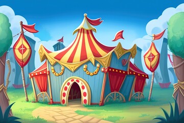 Amusement park. Carnival circus tent. Festive fair entertainment attractions