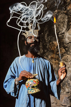 Mystical Djinni Sorcerer with Lamp and Smoke Tendrils Gen AI