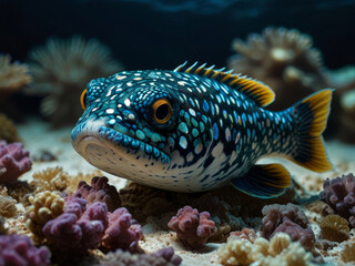 Obraz premium Puffer colorful fish in coral reef