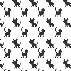 Obraz premium Pets regular monochrome seamless pattern. Puppies and kittens black silhouette repeat on white background. Vector illustration.