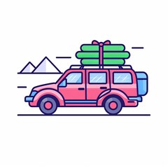 A red car is driving down a road with a large amount of luggage on top of it
