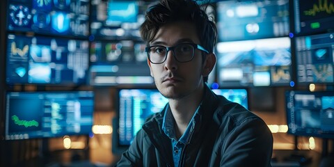 Fototapeta premium Cybersecurity expert in office monitoring network security on multiple screens preventing cyber attacks with advanced software tools. Concept Network Security, Cyber Attacks Prevention