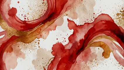 Modern watercolor background or elegant card design for birthday invite or wedding or menu with abstract red ink waves and golden splashes on a white. Watercolor illustration