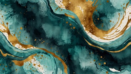 Modern watercolor background or elegant card design for birthday invite or wedding or menu with abstract teal ink waves and golden splashes. Watercolor illustration
