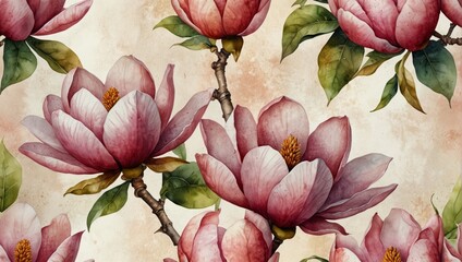 Pink magnolia flowers in oriental style on white glowing background. Translation of hieroglyphs - peace, tranquility, clarity. Watercolor illustration